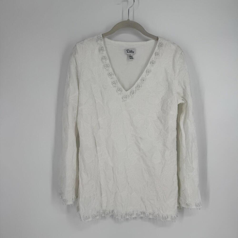 Lilly Pulitzer top blouse small S white beaded cotton vintage 90s beachy cruise